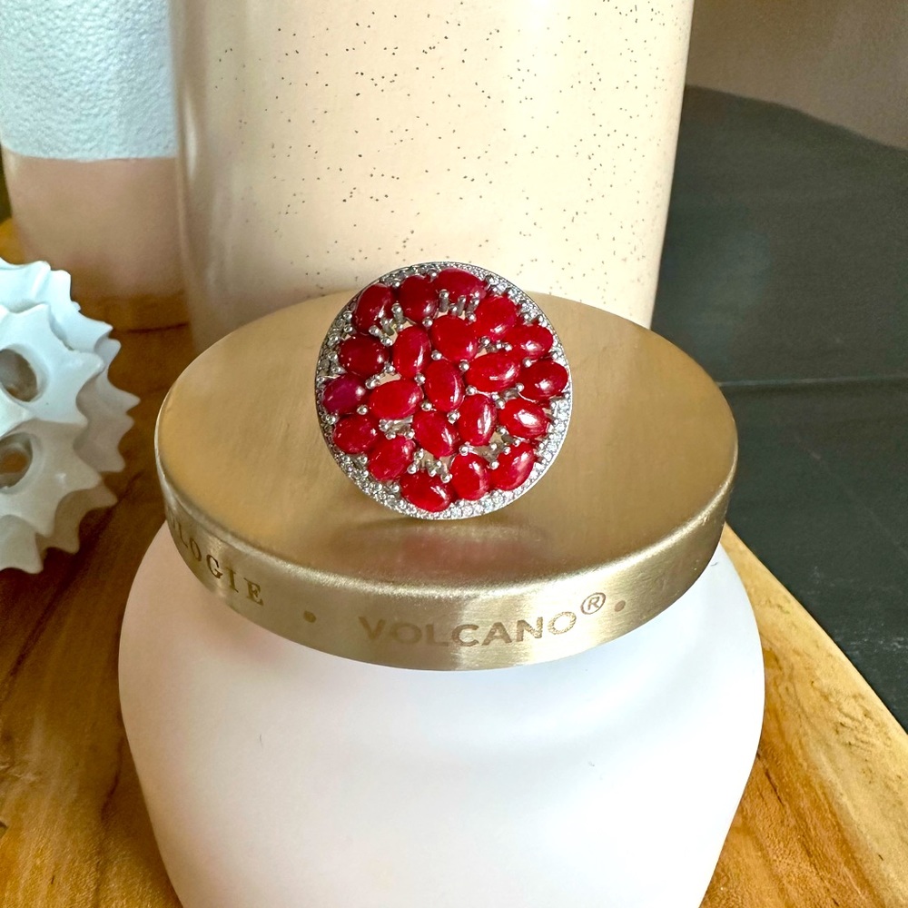 Ruby cocktail ring with Cubic Zirconia halo, size 8. Brand new, never worn.